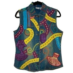 Chico's  Art to Wear Denim Embellished Beaded Button Down Denim Vest Size 8